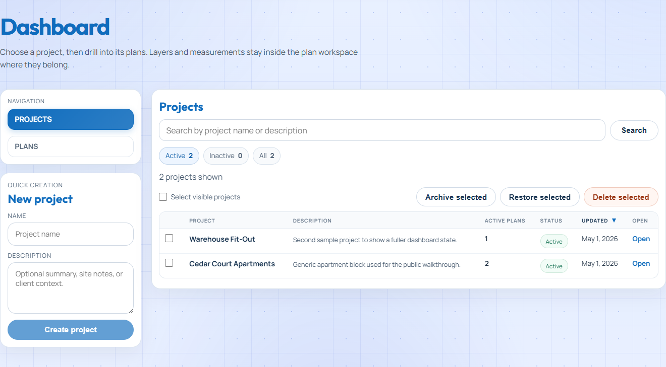 Takeoff Suite dashboard with demo projects