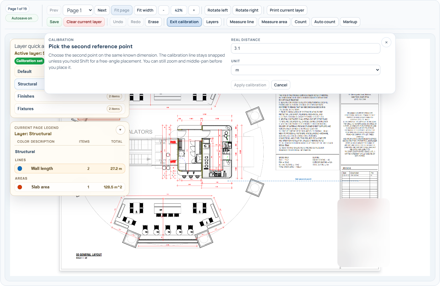 Plan workspace with calibration panel open