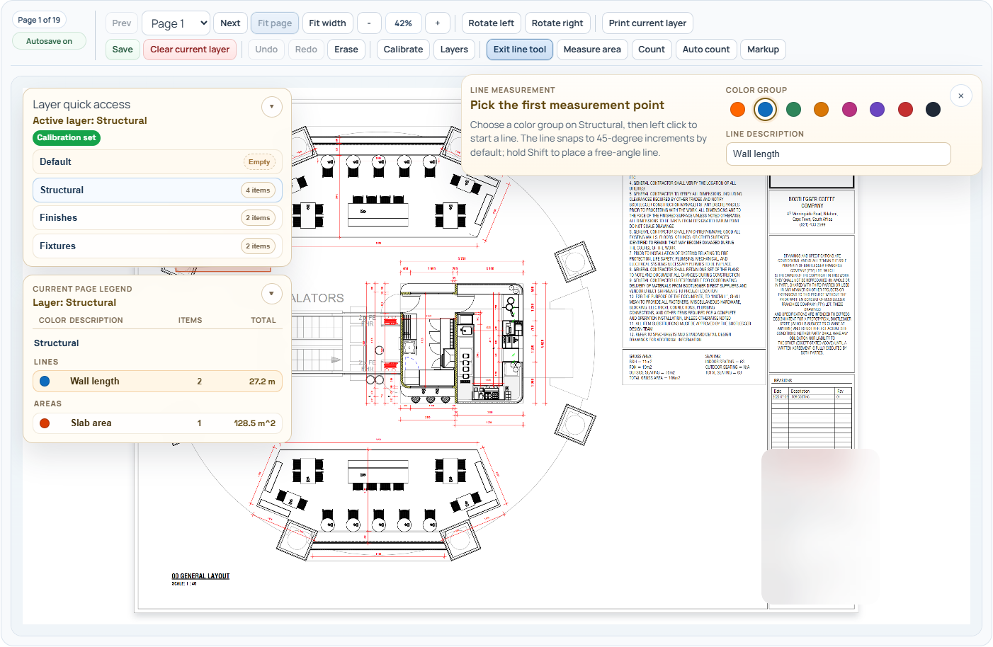 Plan workspace with measurement tools visible